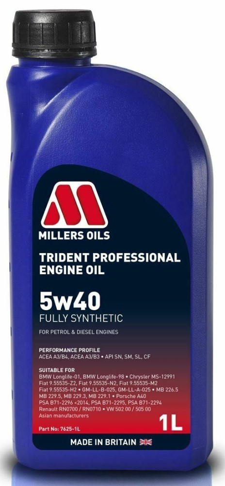 Millers Oils Trident 5W40 A3/B4 Fully Synthetic Engine Oil, LL01, 505 00, 229.1, 1 Litre
