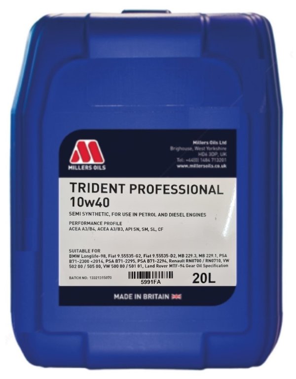 Millers Oils Trident 10w40 A3/B4 Semi Synthetic Engine Oil, 20 litres