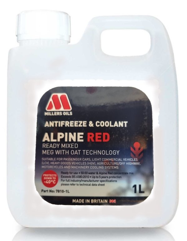 Millers Alpine Red Ready to Use Antifreeze, MEG with OAT Technology, 5 Year,  1 Litre