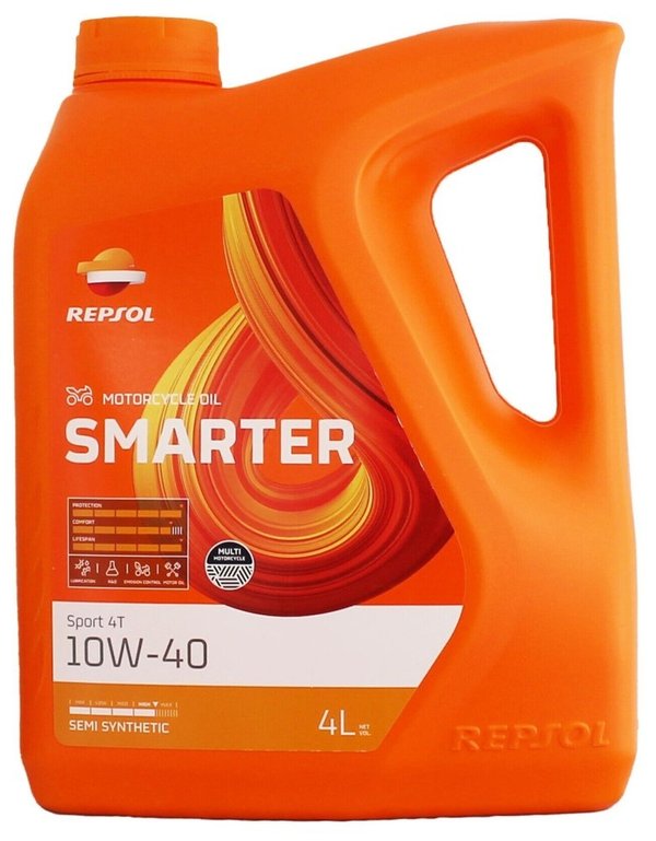 REPSOL SMARTER SPORT 4T 10W-40 10W40 Semi Synthetic Motorcycle Engine Oil, 4 Litres